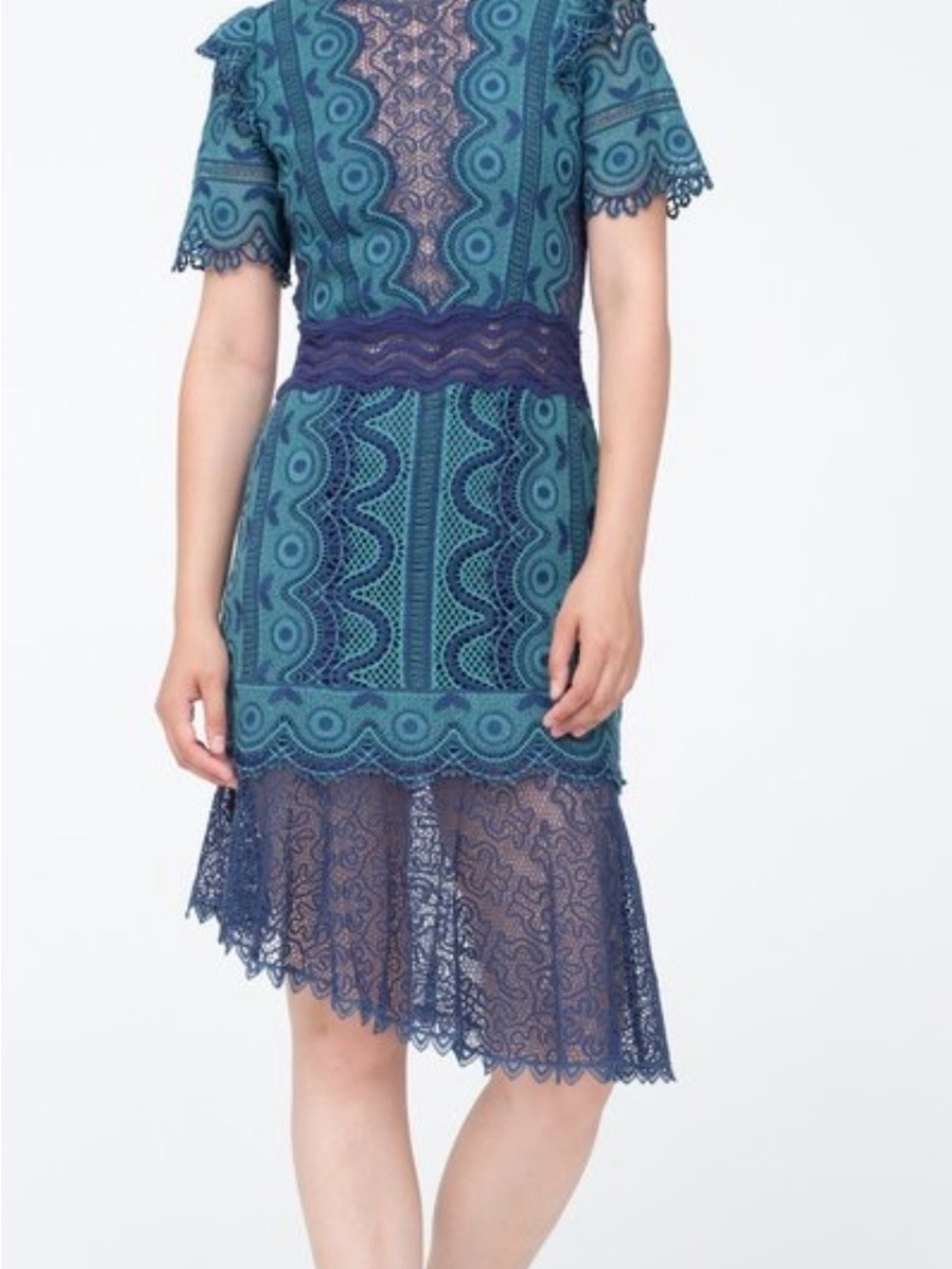 Sea New York Teal Navy Lace Mini Dress Size 8 Crochet Asymmetrical Boho Cocktail - Picture 2 of 11
